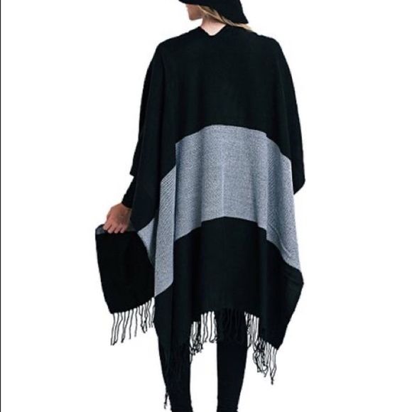 Renee C. Sweaters - Renee C. Black & Gray Colorblock Oversized Fringe Hem Open Front Wrap Poncho
